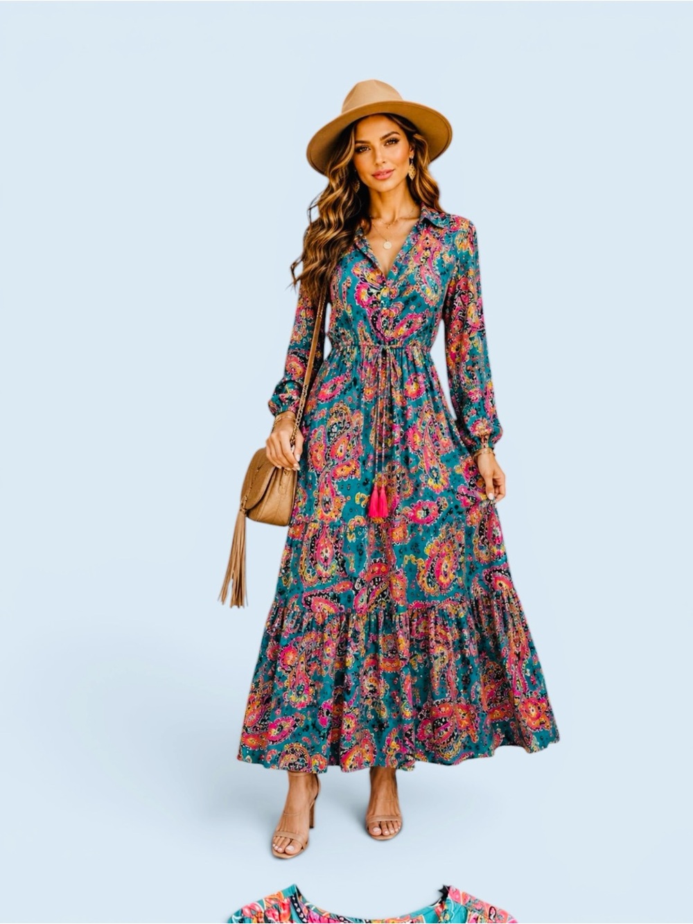 Johnny Floral Paisley Teal Maxi Dress with Long Sleeves - Picture 1 of 1